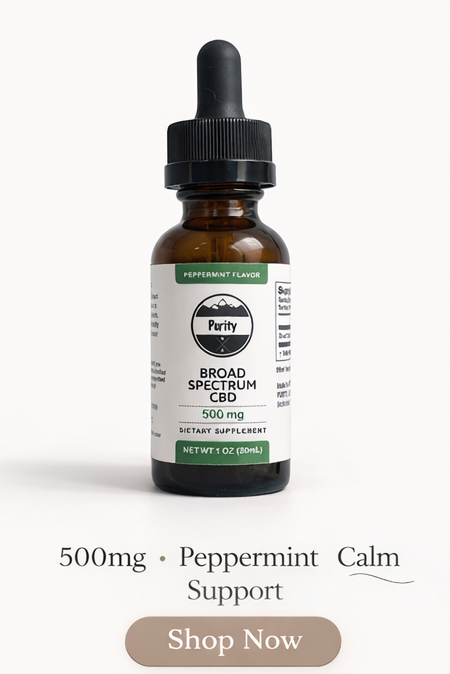 CBD oil dropper bottle with label on a white background